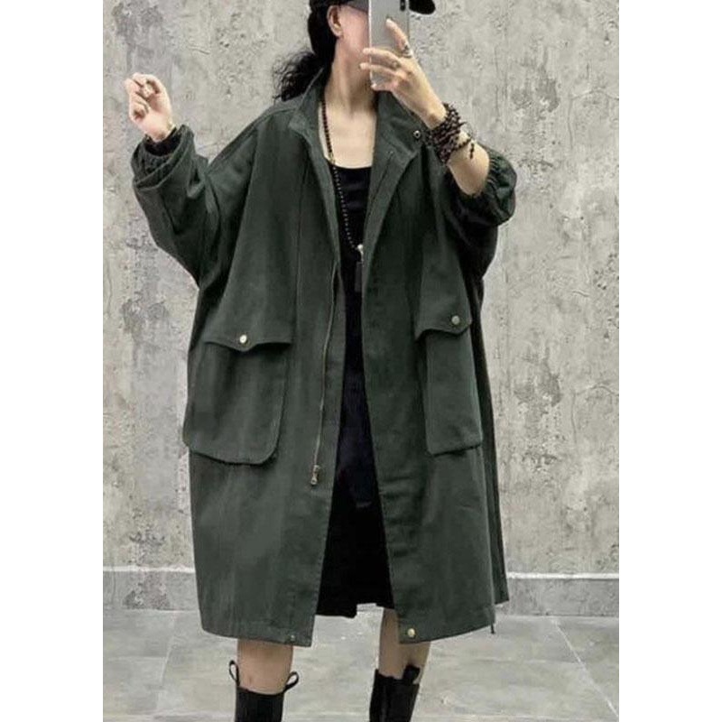 Plus Size Army Green Stand Collar Zippered Pockets Fall Long sleeve Trench Coat