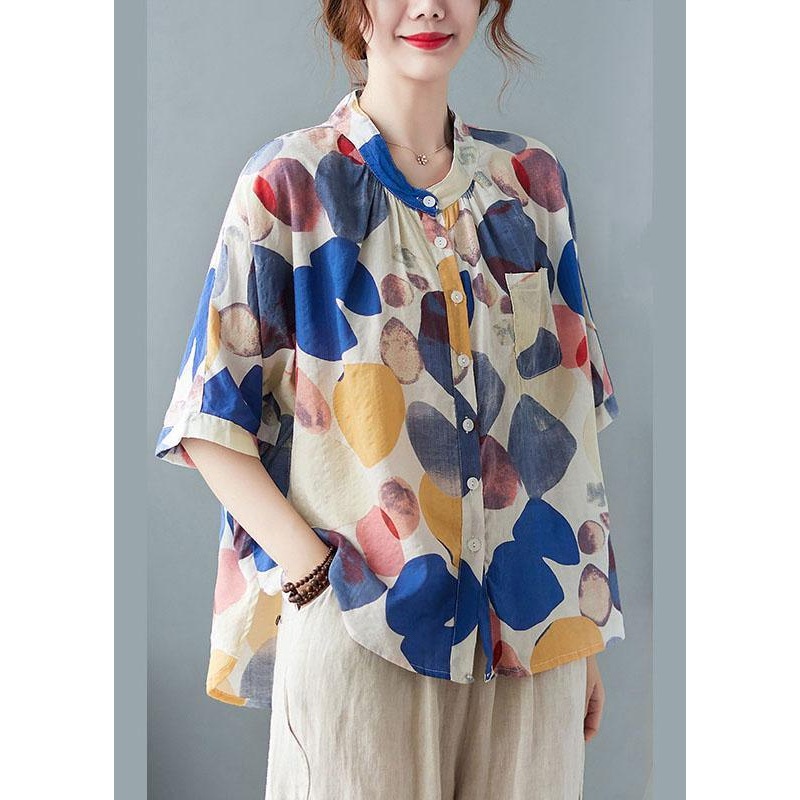 Plus Size Blue Stand Collar Button Print Fall Half Sleeve Shirt Top
