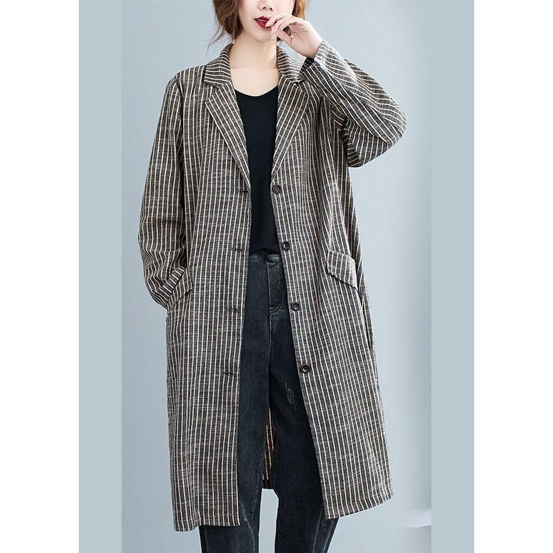 Plus Size Khaki PeterPan Collar Button Pockets Striped Fall Long sleeve Trench coats