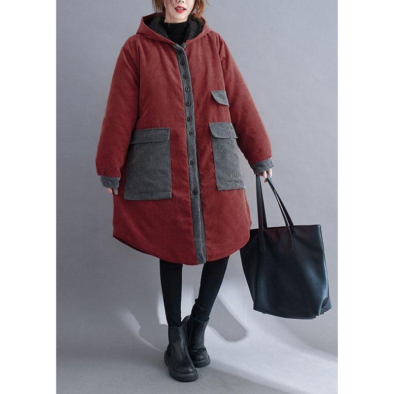 Plus Size Red hooded Button Corduroy Winter Cotton Long Coat sleeve