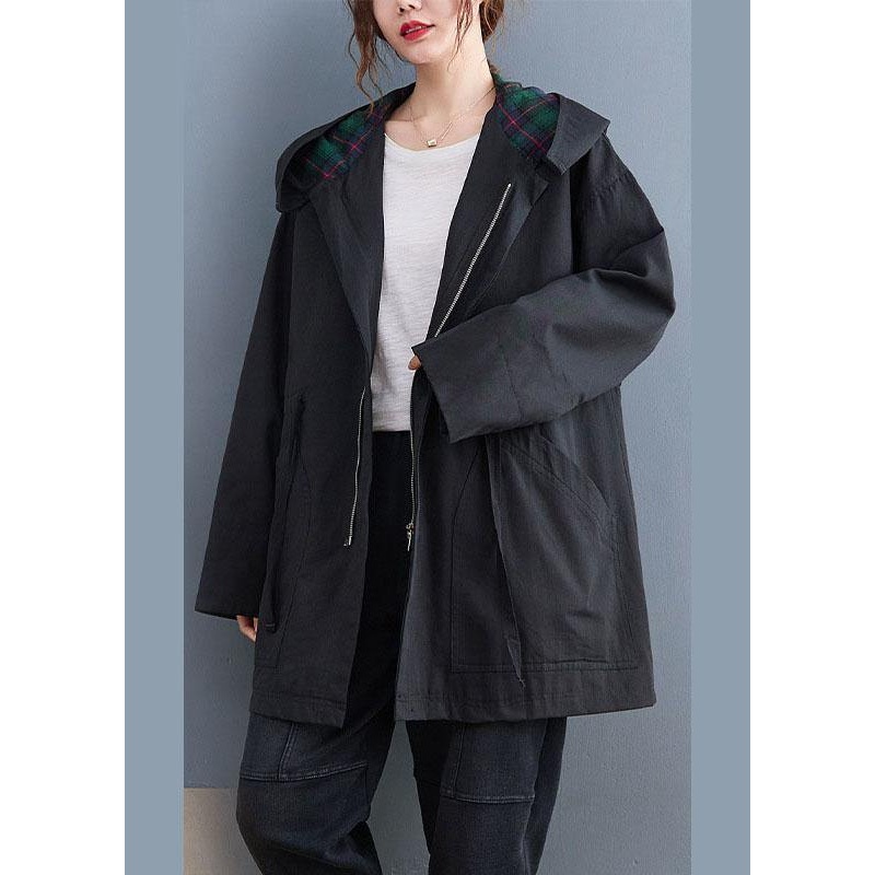 Simple Black fashion Casual zippered Fall  Hooded trench coats