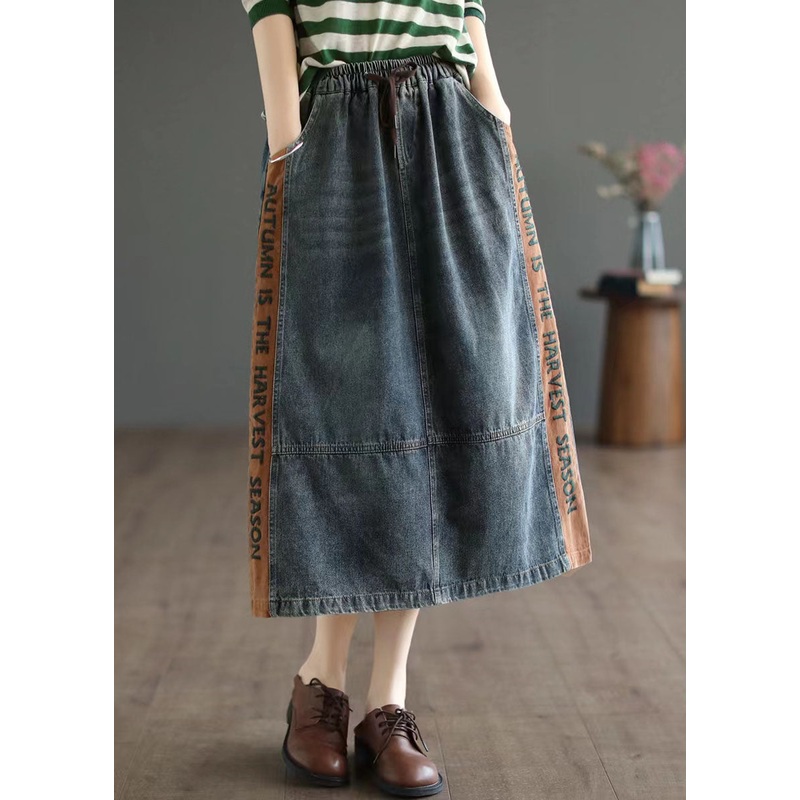 Simple Blue Pockets Patchwork A Line Fall Denim Skirts
