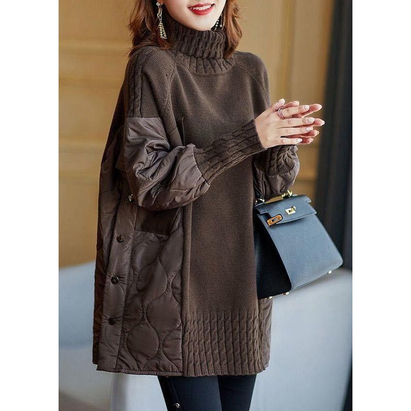 Simple Coffee Turtleneck Patchwork Loose Fall Knit sweaters