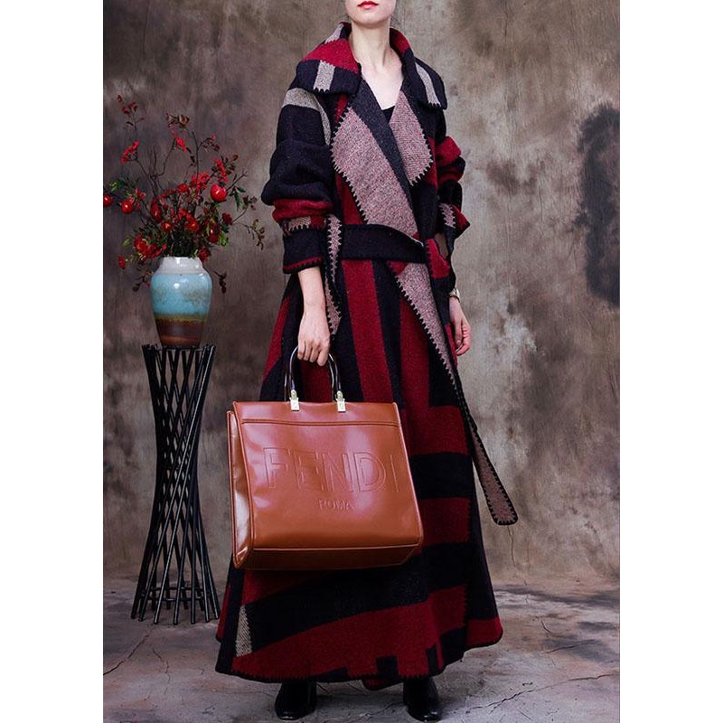 Simple Red PeterPan Collar Plaid tie waist Winter Woolen Long sleeve trench coats