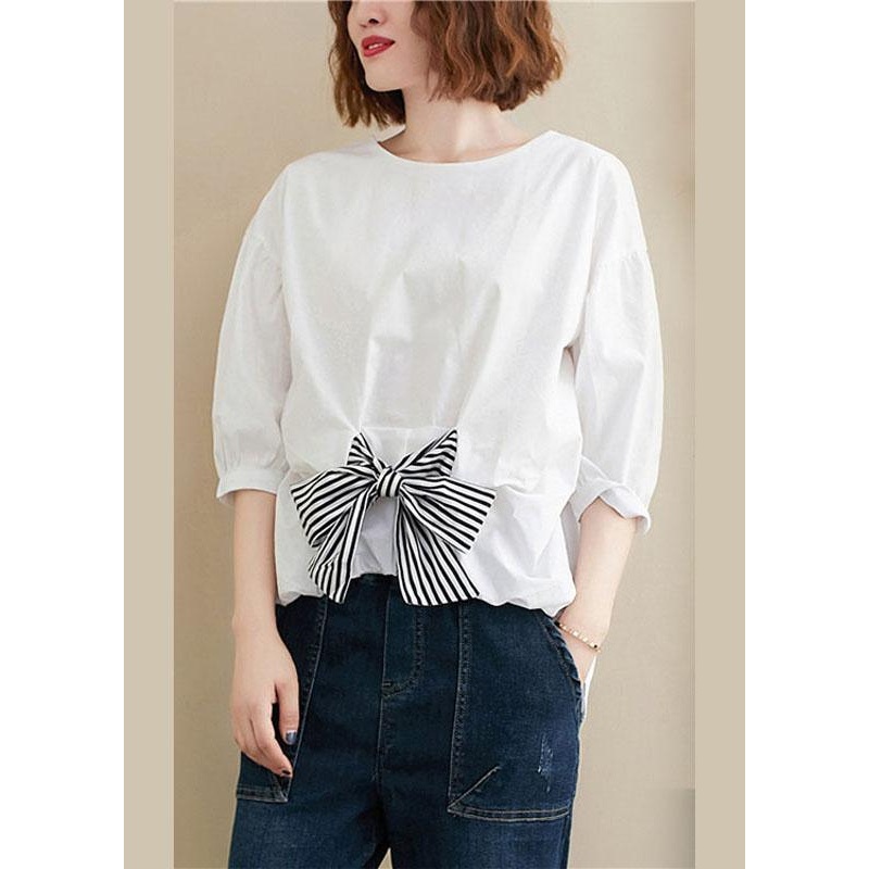 Simple White O-Neck Bow Patchwork Fall Top Three Quarter Sleeve