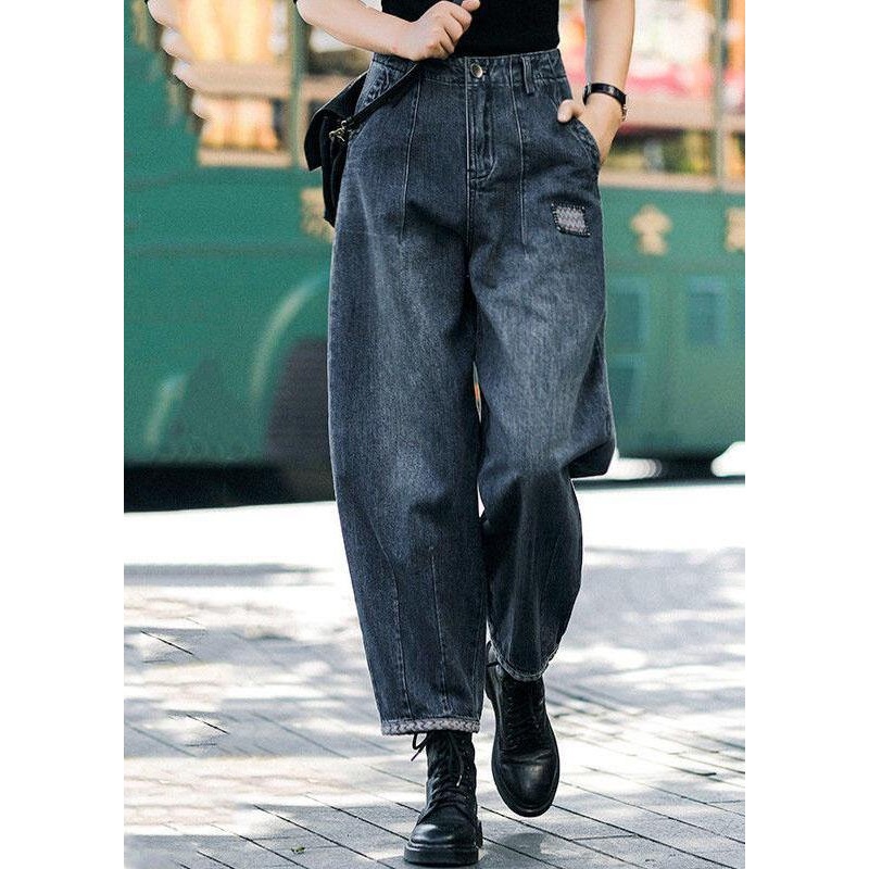 Style Navy High Waist Pockets Harem Casual Fall Denim  Pants