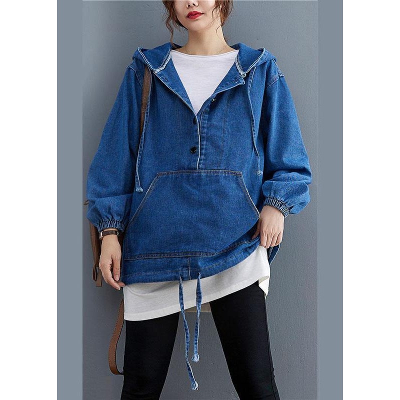 Unique Blue Denim Button Pockets hooded Fall Long sleeve Top