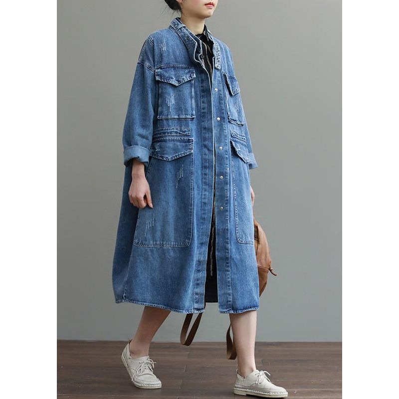 Unique Blue Pockets Button Loose Fall Denim Long sleeve Coats trench coats