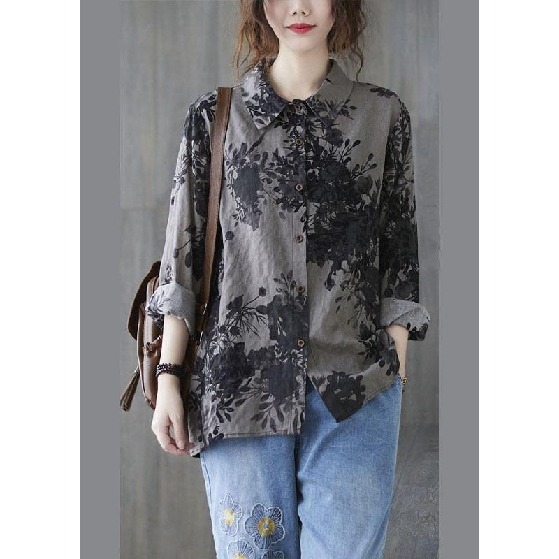 Unique Grey Peter Pan Collar Button Print Fall Blouses Long sleeve