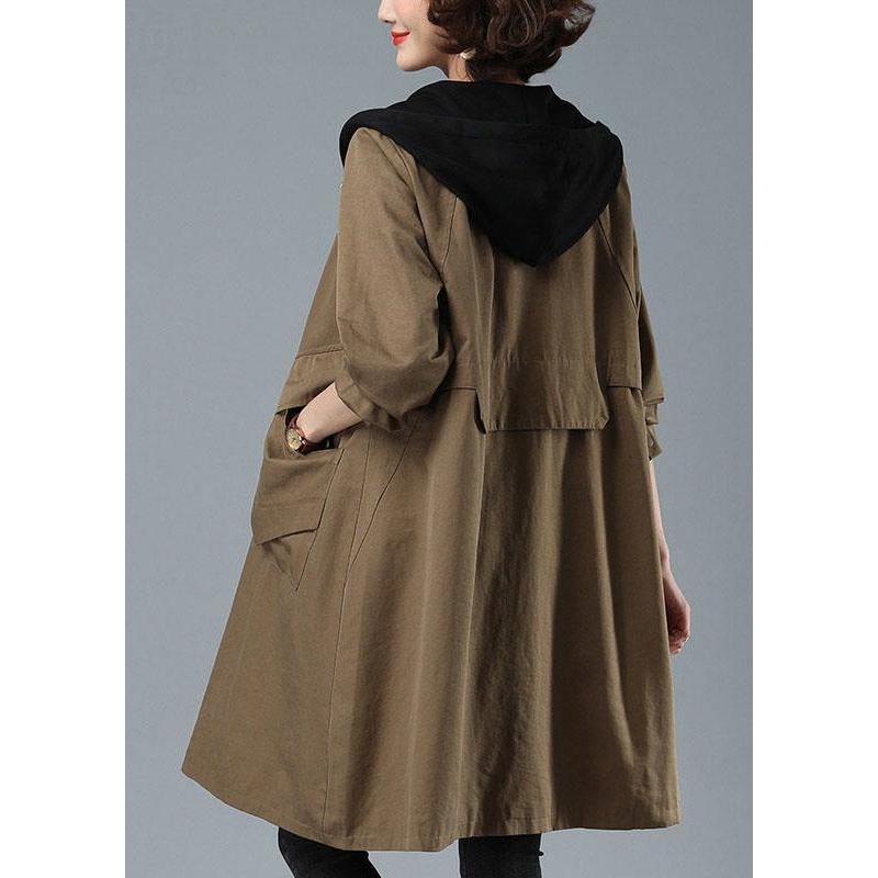 Unique Khaki Loose Patchwork Pockets Fall Hoodie Coat