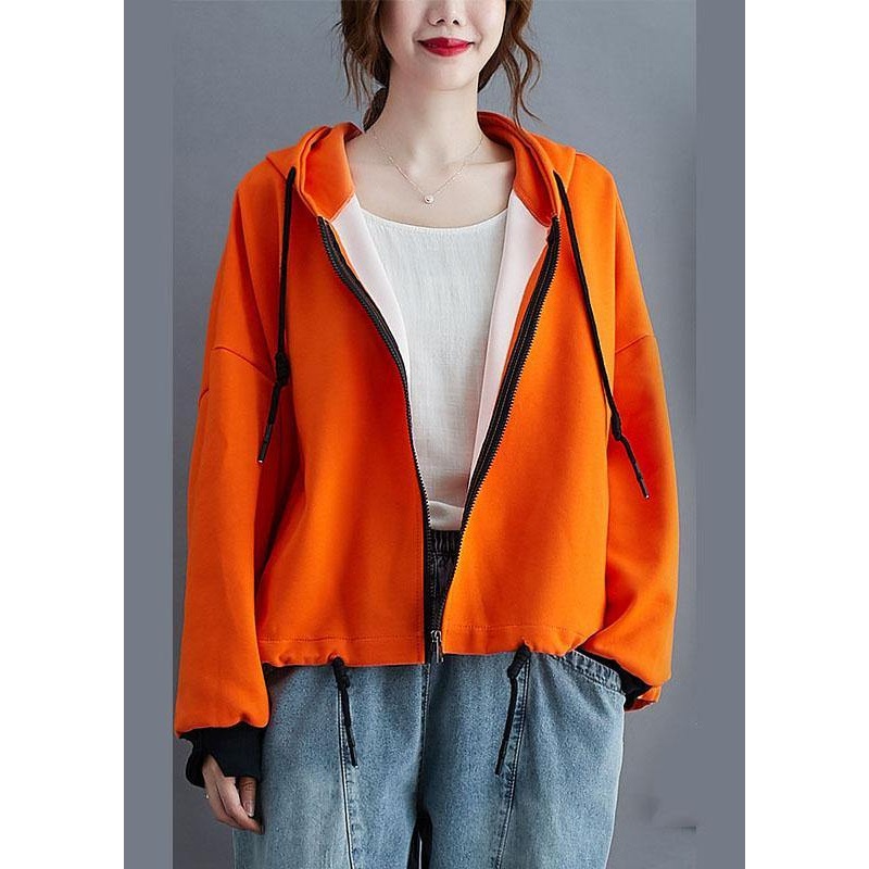 Unique Orange hooded zippered drawstring Fall Jacket Long sleeve
