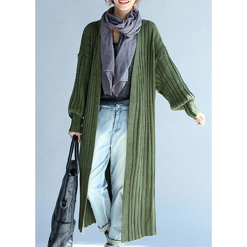 Vintage Green V Neck lantern sleeve Fall Knit Long sweaters Coat