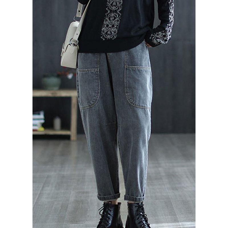 Vintage Grey High Waist Pockets Harem Fall Denim Pants