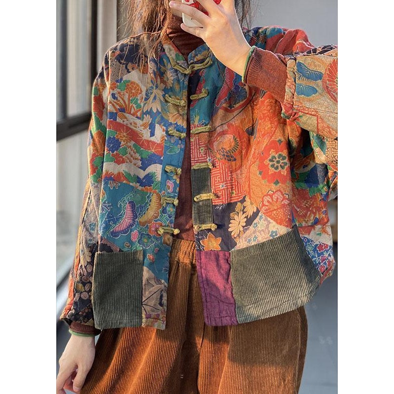 Vintage Orange Pockets Button Print Fall Long sleeve Coat