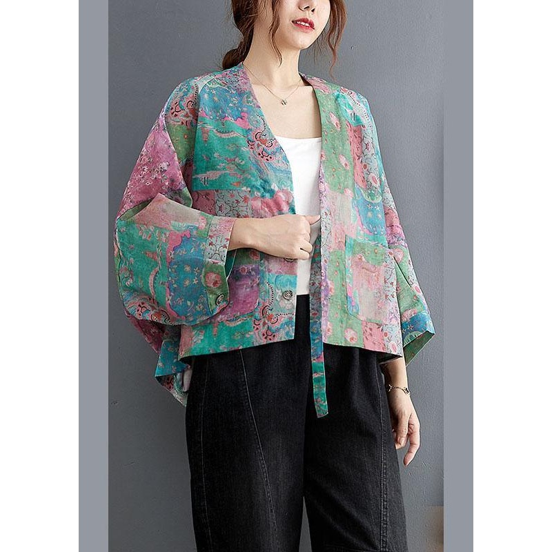 Vintage V Neck Button Pockets Print Fall Coats Long sleeve