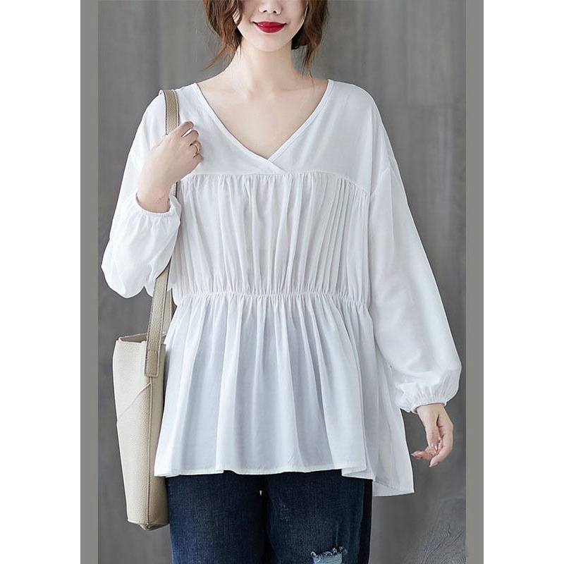 White Loose V Neck wrinkled Fall Long sleeve Shirt Top