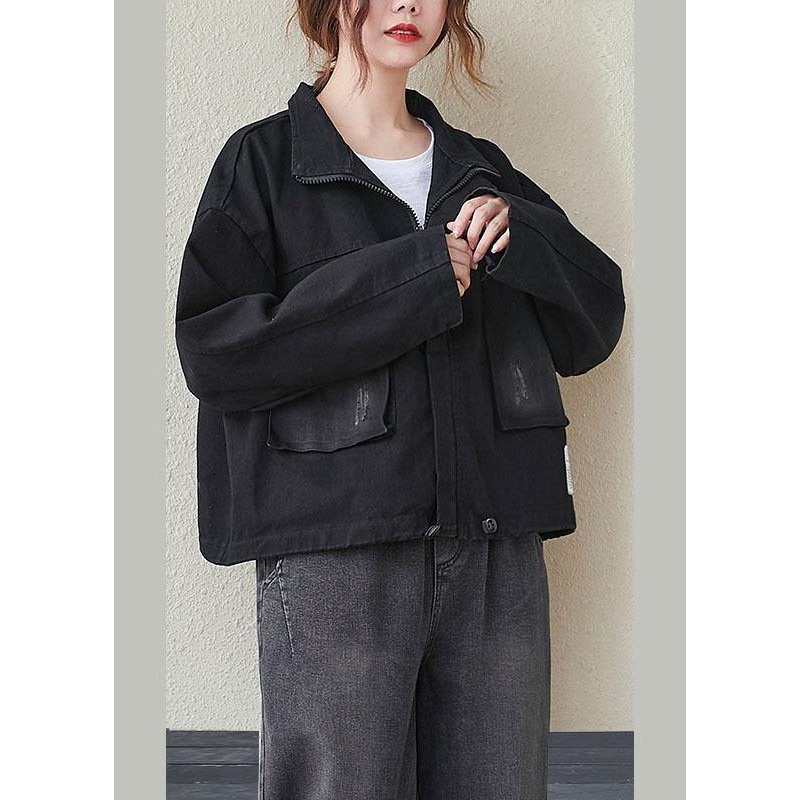 Women Black Pockets zippered drawstring Fall Denim Long sleeve Coat