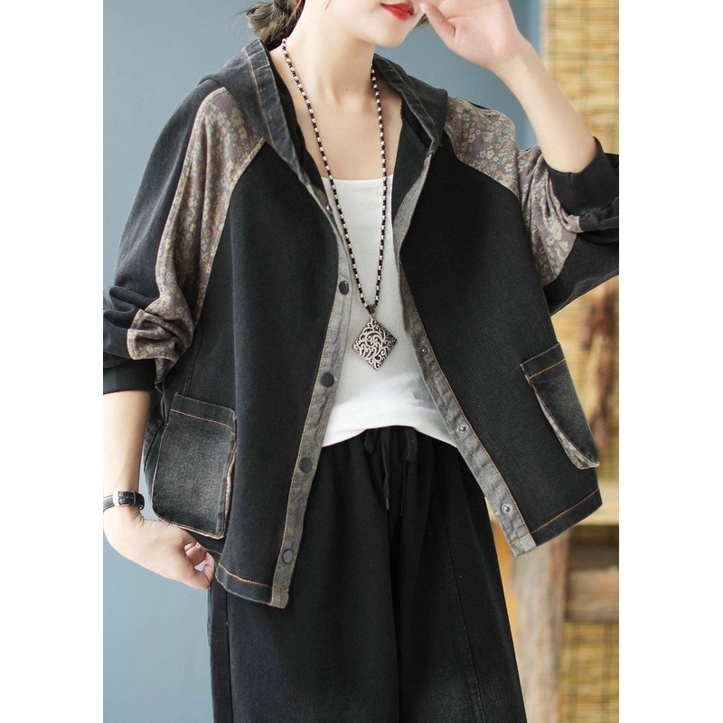 Women Black Print Patchwork Loose Fall Denim Hoodie Coat