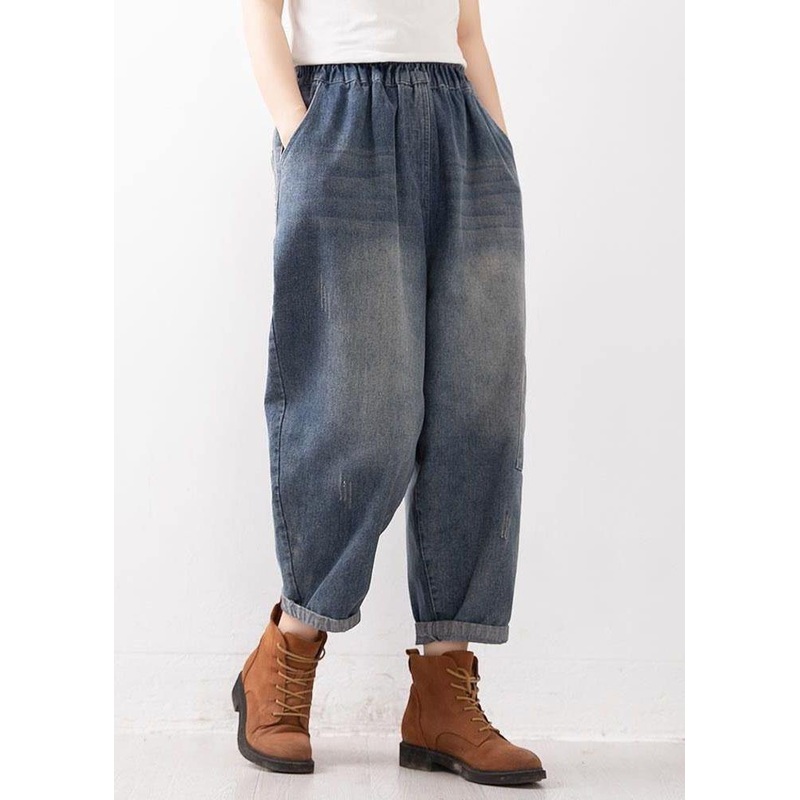 Women Blue Elastic Waist Pockets Harem Fall Denim Pants