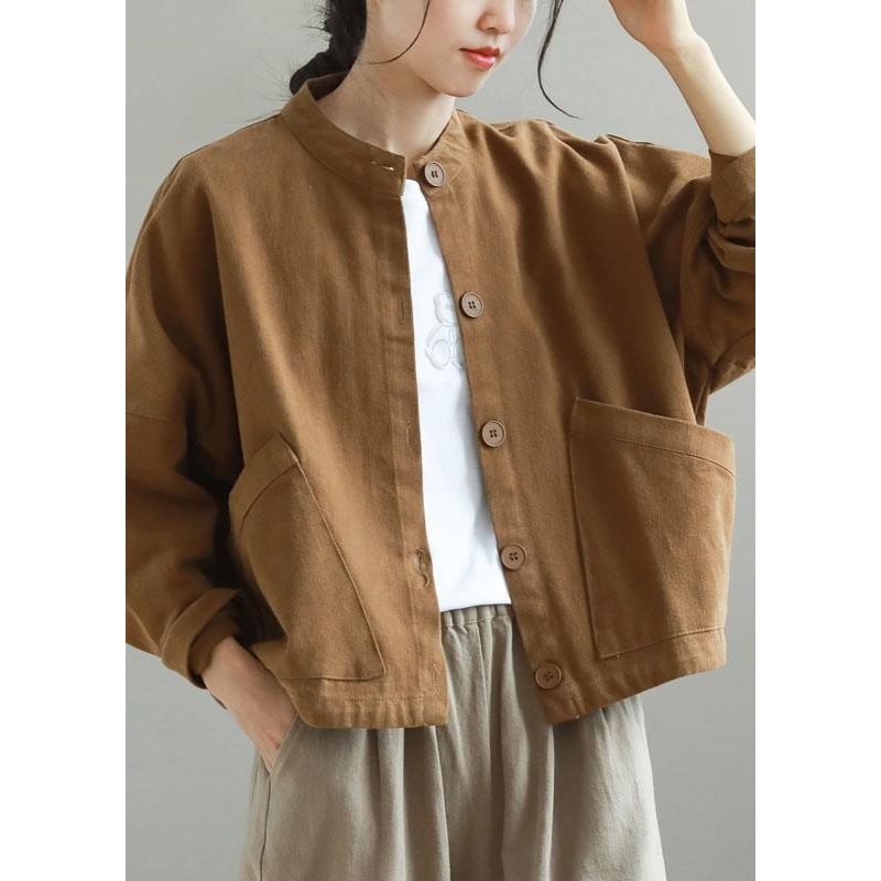 Women Khaki Stand Collar Pockets Button Fall Trench Long Sleeve