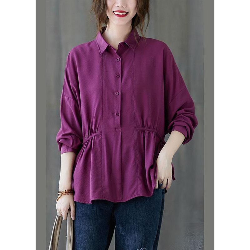 Women Purple Loose Button tie waist Fall Shirt Long sleeve