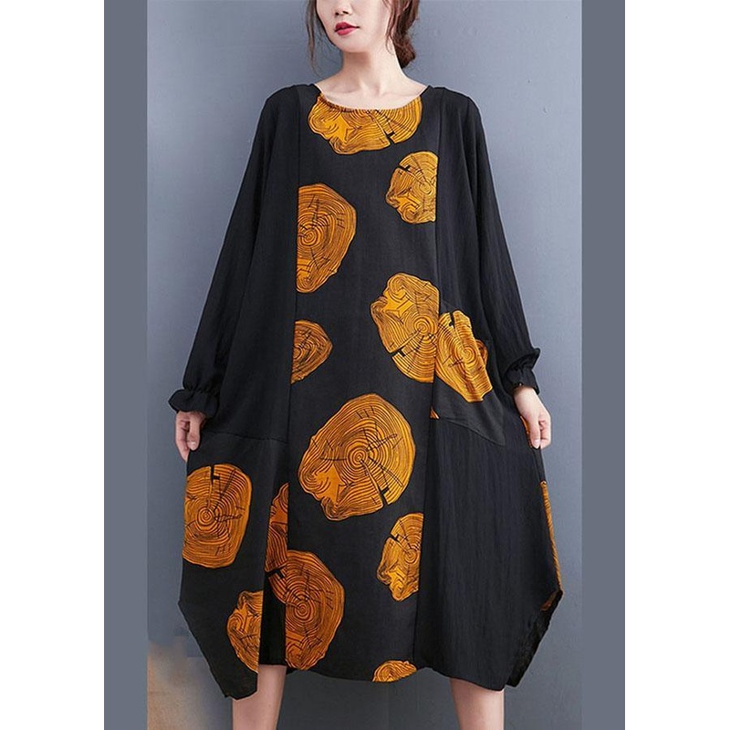 Women Yellow Patchwork Pockets Print Fall Dress Long sleeve
