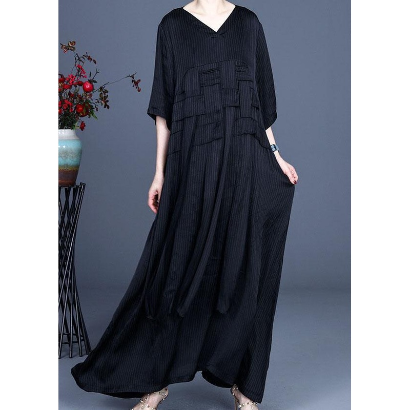 Art Black V Neck Patchwork Silk Dresses Half Sleeve