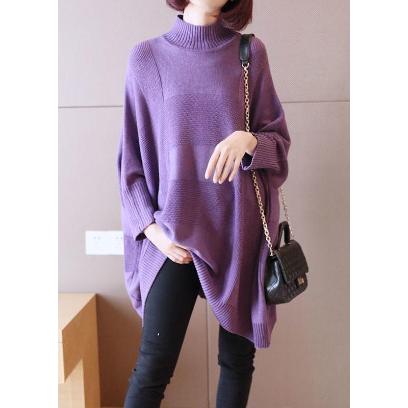 Art Purple Turtleneck Solid Loose Fall Long Sweater