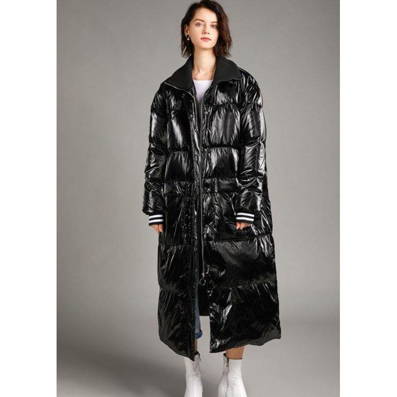 Boho Black zippered Pockets long Winter Duck Down down coat