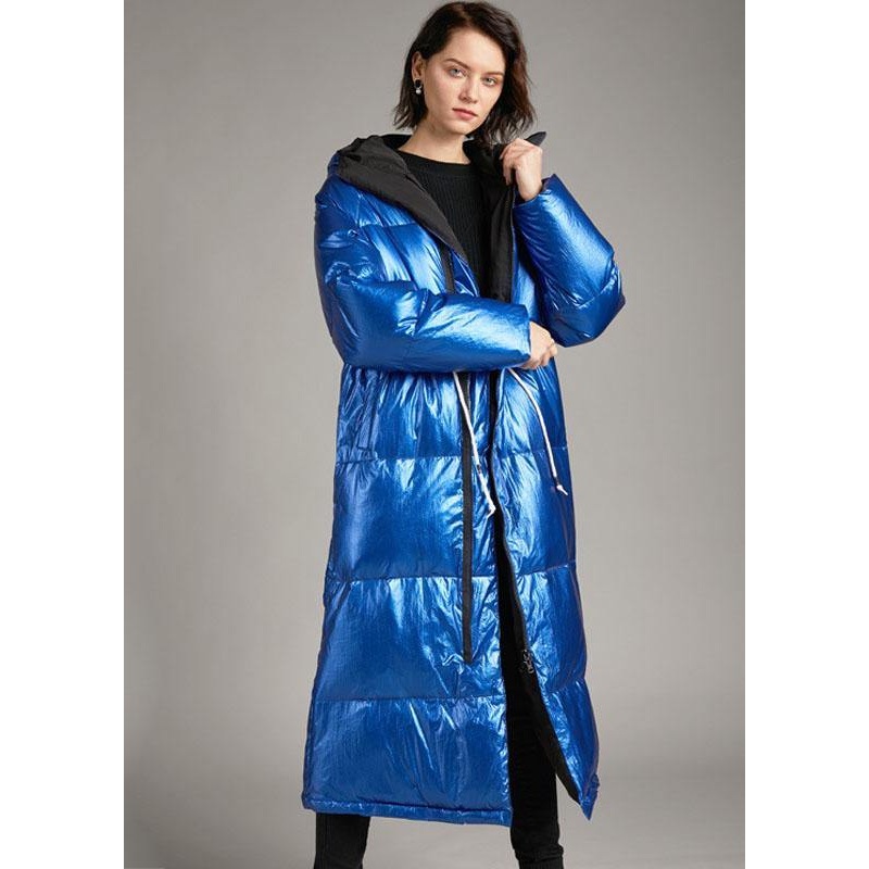 Boho Blue hooded Pockets long Winter Duck Down down coat