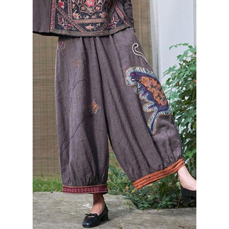 Boho Purple retro Embroidered Oriental lantern Casual Fall Pants Trousers
