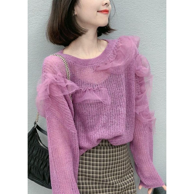 Boutique Purple Tulle Ruffled Loose Fall Knit sweaters