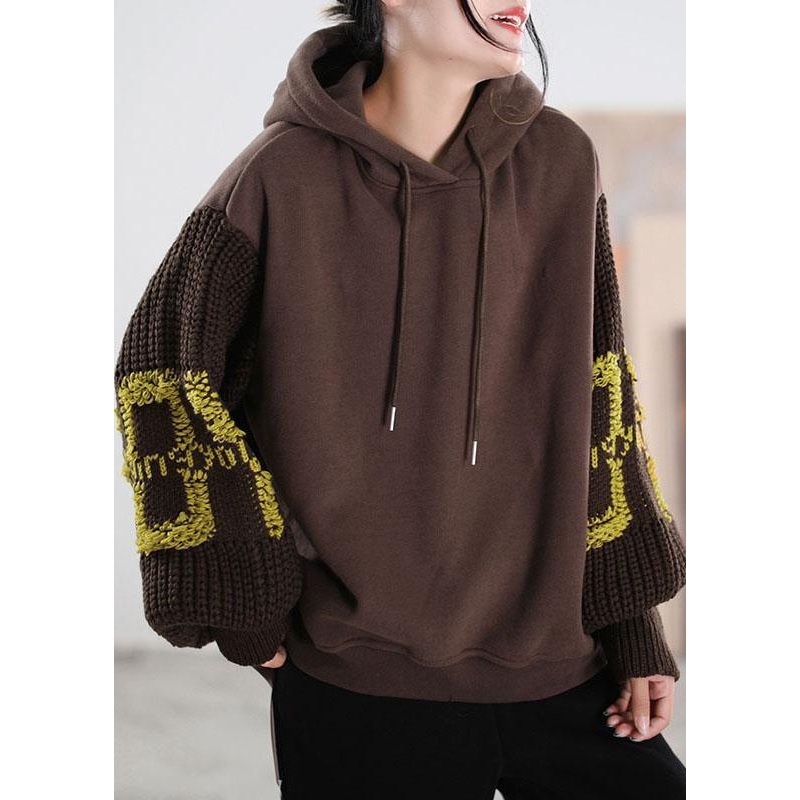 Brown Hooded knit Patchwork Warm Fleece Sweatshirts Tracksuits Winter