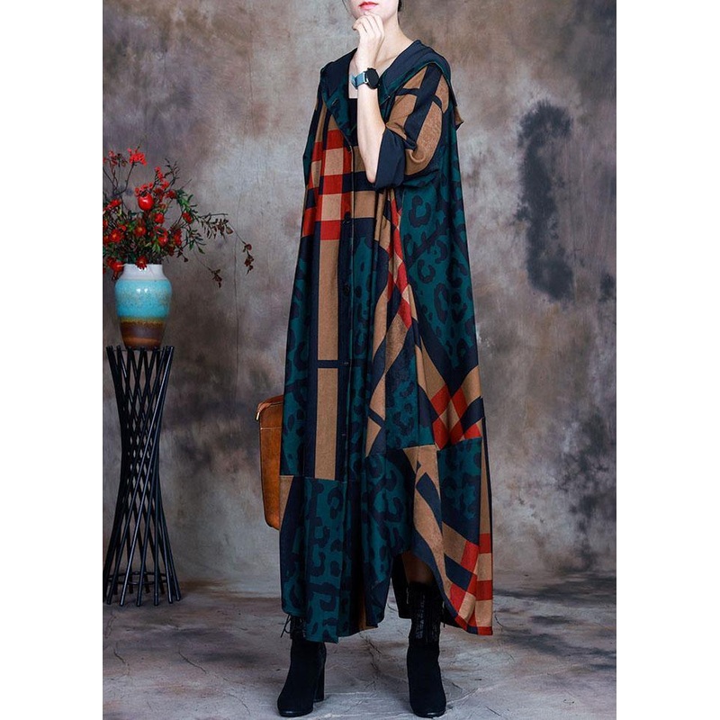 Casual Green Patchwork Plaid Button Print asymmetrical design Fall Coat