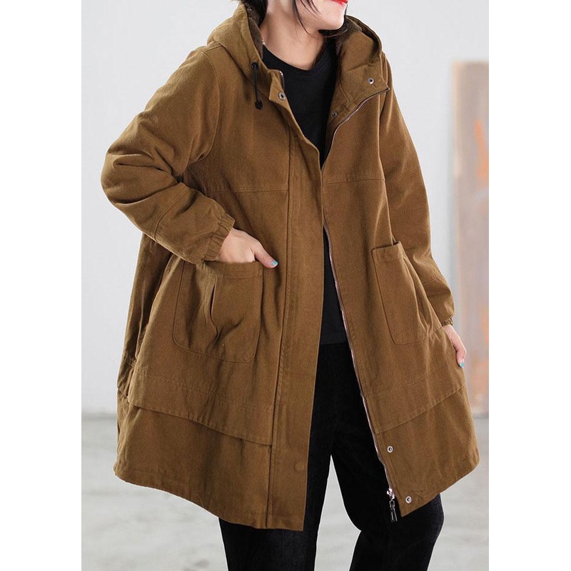 Casual Khaki drawstring Pockets Cotton Filled Parka Winter