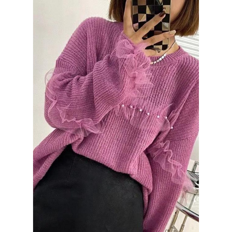 Casual Purple Tulle Patchwork Nail bead Fall Knit sweaters