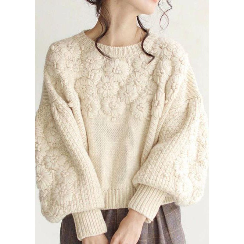 Chic Beige Thick Warm Embroidered Fall Knit sweaters