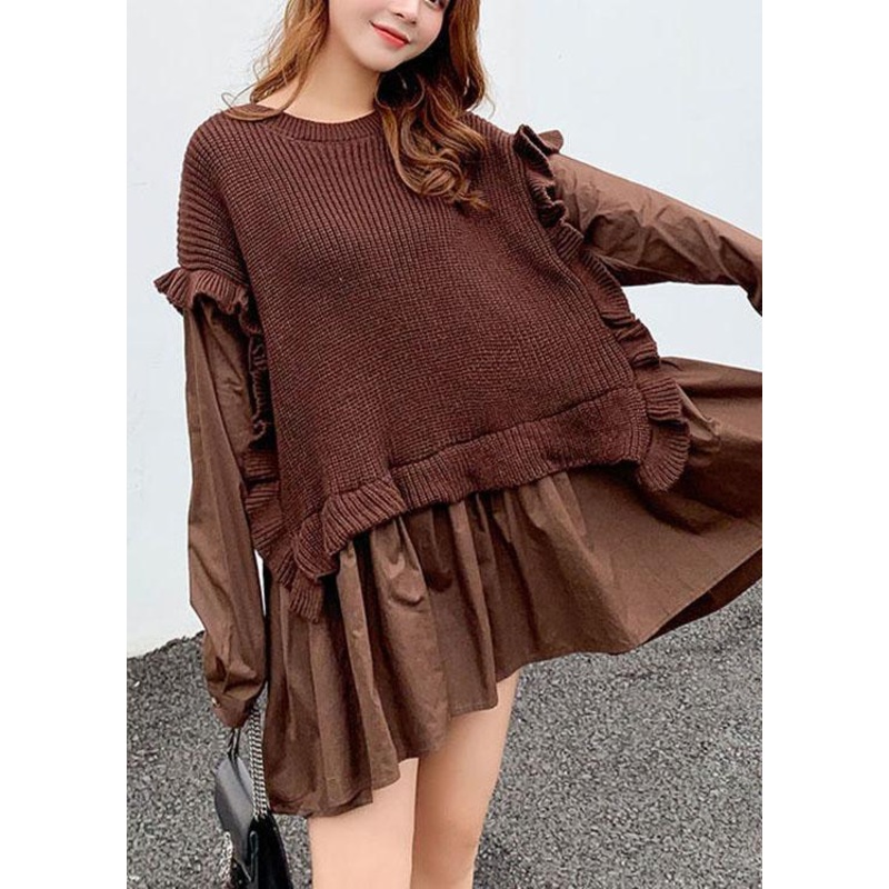Chic Coffee Knit Patchwork Ruffled Fall sweaters