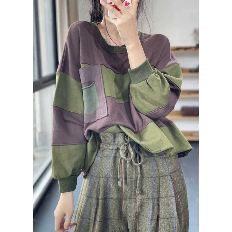 Chic Coffee O-Neck Striped Hole Casual Fall Pullover Sweatshirt