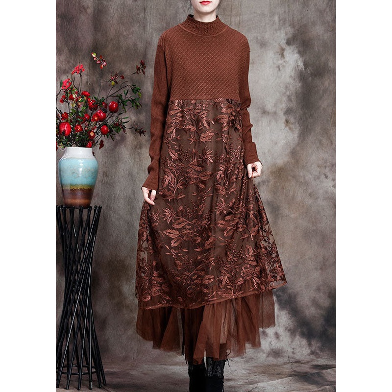 Chocolate O-Neck Embroideried Patchwork Fall Long Knit Dress