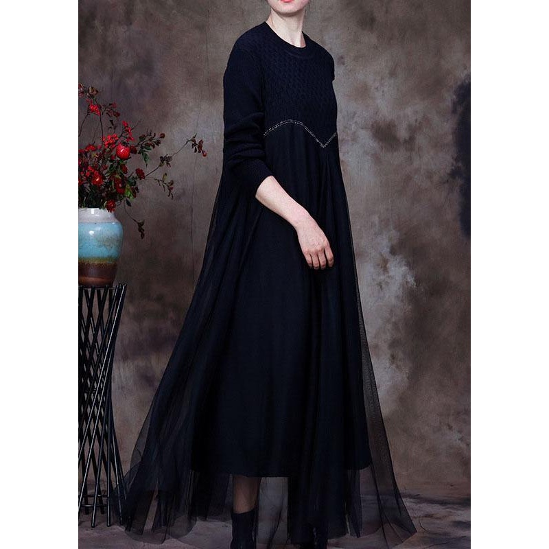 Classy Black Knit Patchwork Fall Sweater Dress