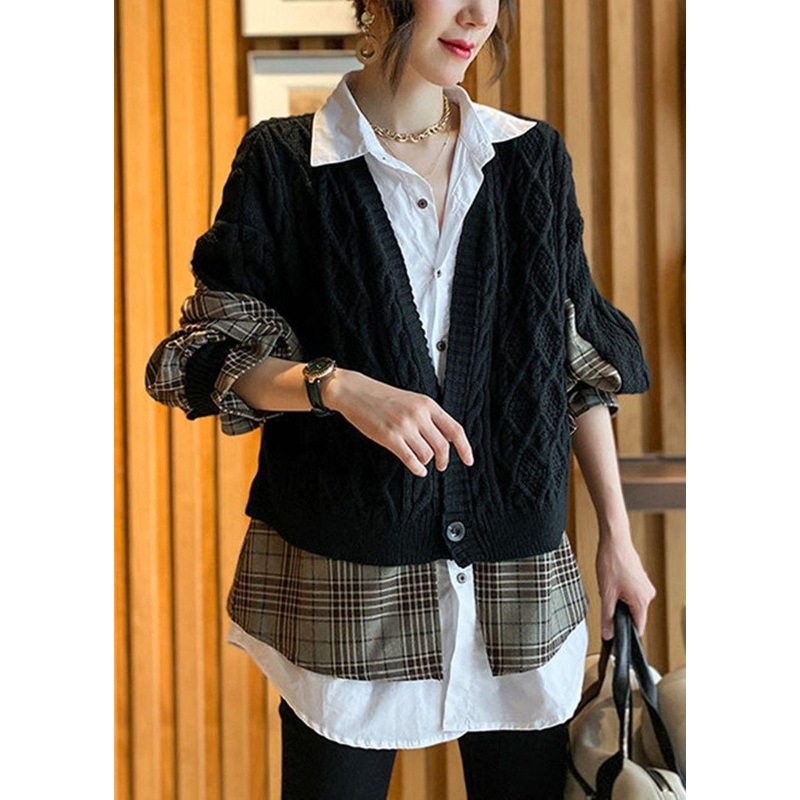 Classy Black V Neck Knit Patchwork Plaid Fall Wool Two Pieces Set