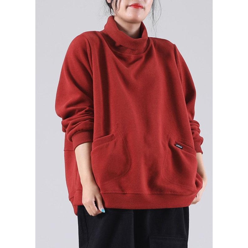 diy Red Turtle Neck Pockets Cotton Sweatshirt Street wear Winter