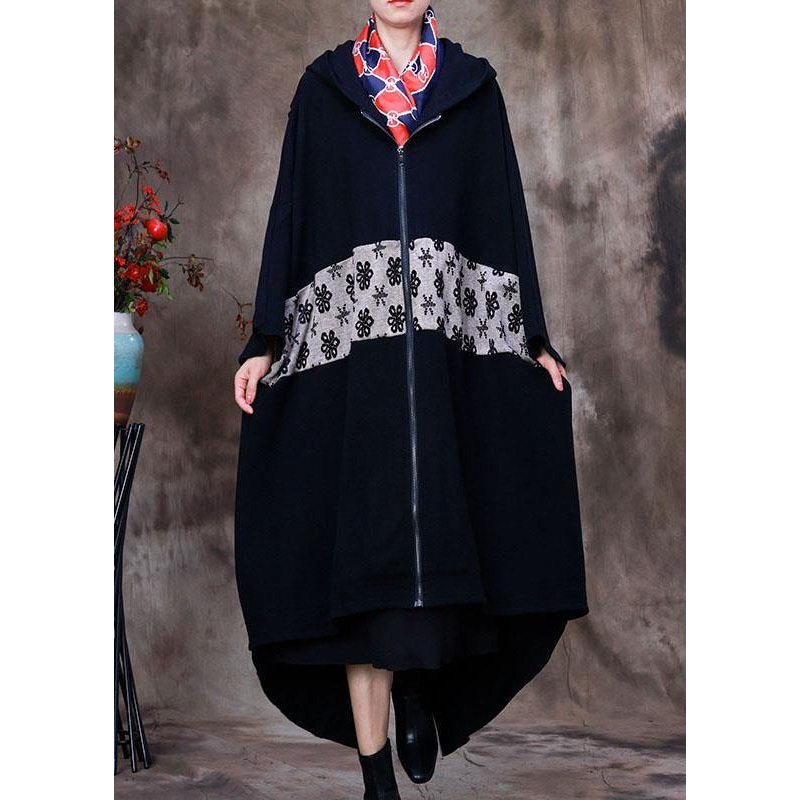 Elegant Black hooded Cloak Sleeves asymmetrical design Winter Coat