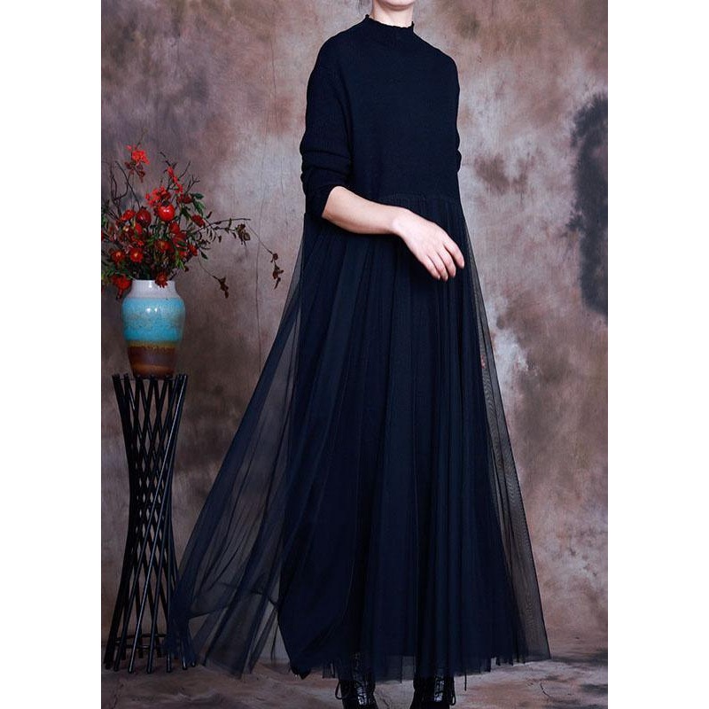 Elegant Black tulle Patchwork Knit Dress Spring