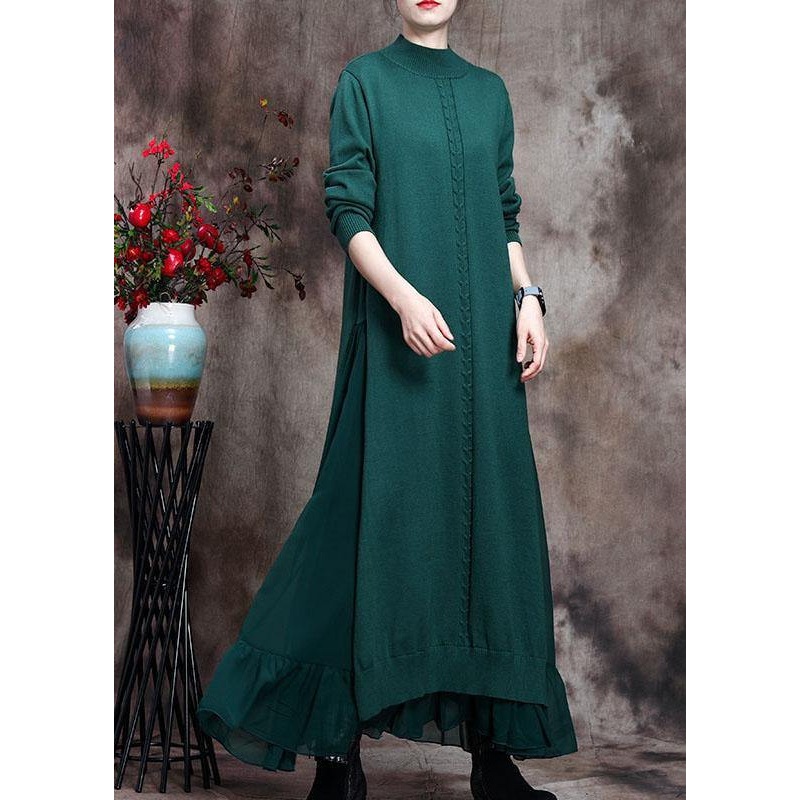 Elegant Green Stand Collar asymmetrical design Fall Knit Sweater Dress
