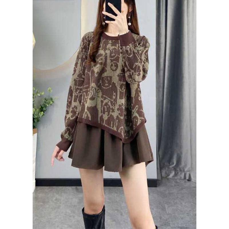 Fashion Coffee asymmetrical design Patchwork Print Fall Knit sweaters