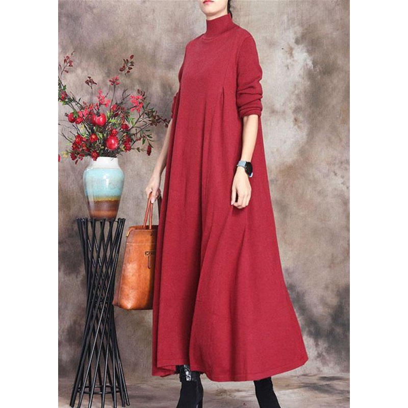 Fashion Red retro Knit slim fit Fall Long Sweater Dress