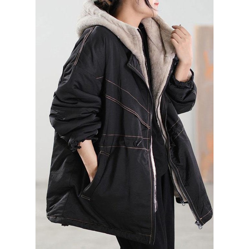 Fine Black Hooded Patchwork Cashmere Parkas Winter