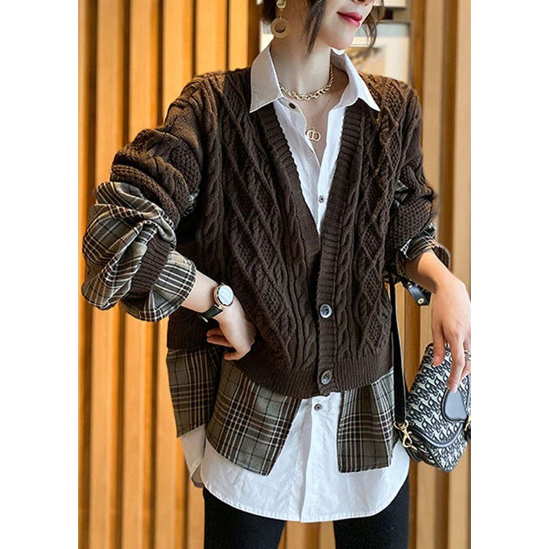 Fine Coffee Knit Patchwork Plaid Hollow Out wrinkled Fall Wool Two Piece Set Outfits